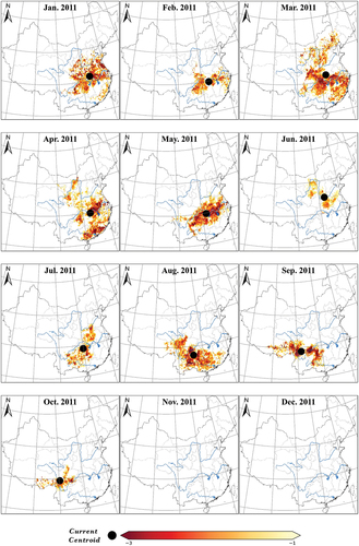Figure 8. Spatiotemporal description of the 2011 drought event in South China based on the SSMI1-CCI index.
