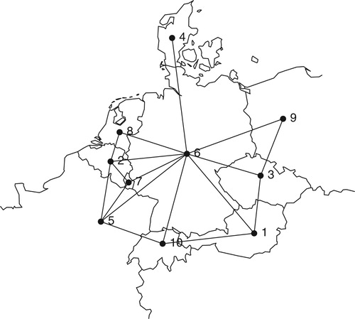 Figure 2. Map illustrating the duality between neighbourhood graph and spatial areas. All areas are represented by centroid coordinates and vertices connected by an edge indicate neighbours, i.e. areas that share a common border. For the data used in this paper only the neighbourhood structure (graph) is known since the area borders are confidential.