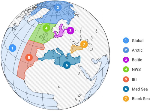 Figure 0.1. CMEMS geographical areas on the map are for: 1 – Global Ocean; 2 – Arctic Ocean from 62°N to North Pole; 3 – Baltic Sea, which includes the whole Baltic Sea including Kattegat at 57.5°N from 10.5°E to 12.0°E; 4 – European North-West Shelf Sea, which includes part of the North East Atlantic Ocean from 48°N to 62°N and from 20°W to 13°E. The border with the Baltic Sea is situated in the Kattegat Strait at 57.5°N from 10.5°E.to 12.0°E; 5 – Iberia-Biscay-Ireland Regional Seas, which includes part of the North East Atlantic Ocean from 26 to 48°N and 20°W to the coast. The border with the Mediterranean Sea is situated in the Gibraltar Strait at 5.61°W; 6 – Mediterranean Sea, which includes the whole Mediterranean Sea until the Gibraltar Strait at 5.61°W and the Dardanelles Strait; 7 – Black Sea, which includes the whole Black Sea until the Bosporus Strait.