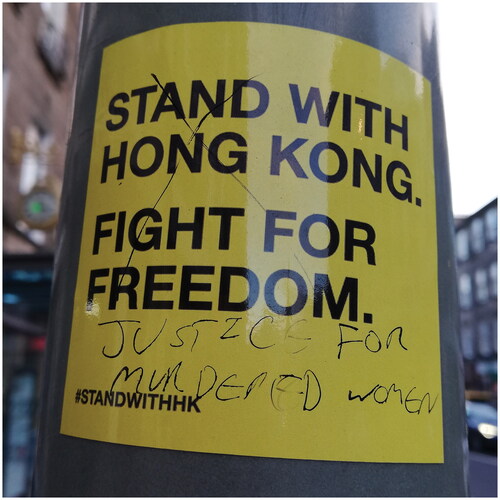 Figure 4 A political sticker calling for solidarity with the protesters in Hong Kong in 2019. Someone has written on the sticker, referring to the legal case that originally sparked the protests. This sticker was photographed in Edinburgh in 2019 (Source: Hannah Awock).