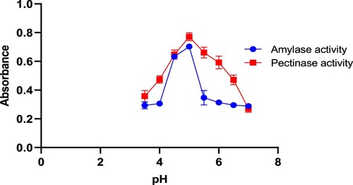 Figure 4. The activity of enzymes produced by fungal isolate in media having different pH values.