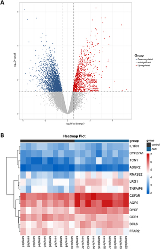 Figure 4 Gene expression profiling of patients with AMI. (A) Volcanic plot of DEGs. (B) Expression Heatmap of hub genes in AMI patients and controls.