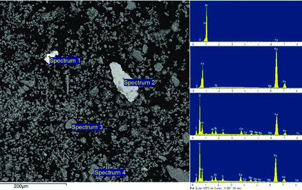 FIG. 2. Representative SEM image with EDX analysis. All samples were mixtures of micron- and nano-scale particles composed of at least 10 different metal types as identified by EDX-spectra. (Y axis of EDX profile represents the intensity.)