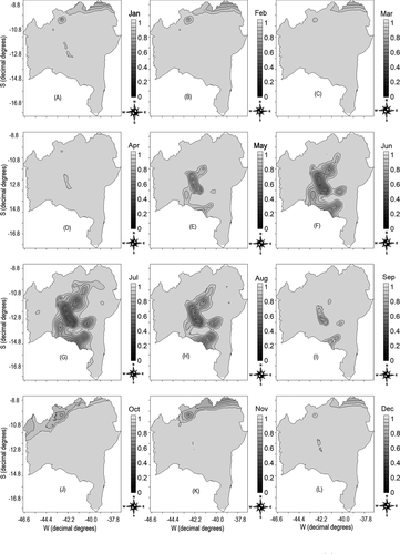 Figure 4. Thematic maps of the fuzzy classification of mean monthly temperature for the state of Bahia. Jan – (A); Feb – (B); Mar – (C); Apr – (D); May – (E); Jun – (F); Jul – (G); Aug – (H); Sep – (I); Oct – (J); Nov – (K); Dec – (L); Pertinence with values close to or equal to 0 – Less climatic favorability for the development of conilon coffee; Pertinence with values close to or equal to 1 – Greater climatic favorability for the development of conilon coffee