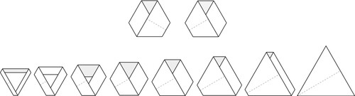 Figure 15. Two Möbius bands with mirror image twists. (top) A progression showing how a flattened Möbius-like scarf made from a torus can, with an increase in one dimension, result in the hexagonally based scarf, which folds into a 6-layer equilateral triangle. (bottom)