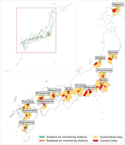 Figure 2. The locations of 14 metropolitan areas and the distribution of ground observations for air quality monitoring in Japan.