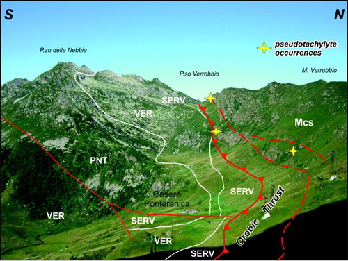 Figure 4. The Orobic-Porcile thrusts junction between Monte Azzaredo and Cima dei Siltri. The yellow star mark the occurence of pseudotachylyes along the fault zone. BOV: Carniola di Bovegno; CB: Monte Cabianca Volcanites; Mcs: mica schists; Lg: leucocratic gneiss; SERV: Servino; Tmg: two-mica gneiss; VER: Verrucano Lombardo. Arrows along the Porcile thrust indicate the late-stage sinistral transpression.