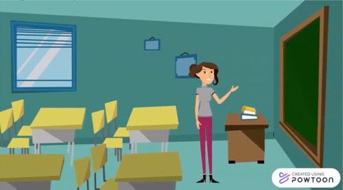 Figure 4. Explaining Dissent. Description: The researcher stands at the front of the classroom. To her left is a blackboard and to her right are student desks and chairs.