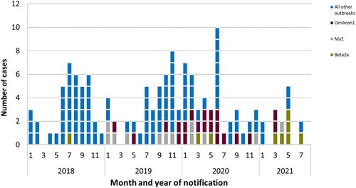 Figure 2. Outbreak cases by month and year of notification, Germany 2018–2021. Cases are shown since 2018 when all available clinical isolates where sequenced. Three large ongoing outbreaks (Beta2a in green, My2 in grey, and Omikron1 in brown) are presented individually, the other 19 outbreaks are shown in blue.