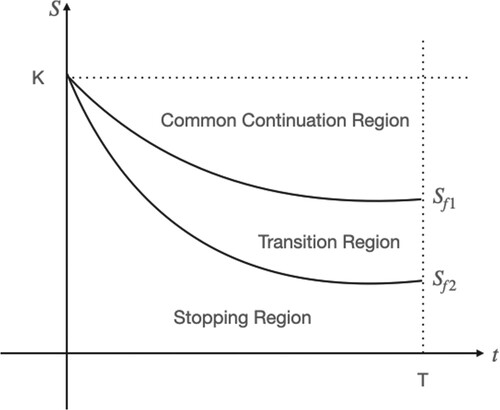 Figure 1. The option pricing domain with two optimal exercise boundaries.