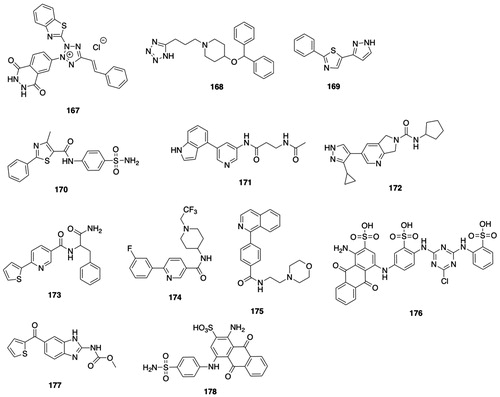 Figure 15. PGDS inhibitors. 167, 2-(2′-benzothiazolyl)-5-styryl-3-(4′-phthalhydrazidyl)tetrazolium chloride (BSPT); 168, 4-benzhydryloxy-1-[3-(1H-tetrazol-5-yl)-propyl]-piperidine (HQL-79); 169, 2-phenyl-5-(1H-pyrazol-3-yl)thiazole; 170, 4-methyl-2-phenyl-N-(4-sulfamoylphenyl)-thiazole-5-carboxamide; 171, N-(5-(1H-indol-4-yl)pyridin-3-yl)-3-acetamidopropanamide; 172, 3-(3-cyclopropyl-1H-pyrazol-4-yl)-5,7-dihydropyrrolo[3,4-b]pyridine-6-carboxylic acid cyclopentylamide; 173, N-(1-amino-1-oxo-3-phenylpropan-2-yl)-6-(thiophen-2-yl)nicotinamide; 174, 6-(3-fluorophenyl)-N-(1-(2,2,2-trifluoroethyl)piperidin-4-yl)nicotinamide; 175, 4-(isoquinolin-1-yl)-N-(2-morpholinoethyl)benzamide; 176, 1-amino-4-[[4-[[4-chloro-6-[(2-sulfophenyl)amino]-1,3,5-triazin-2-yl]amino]-3-sulfophenyl]amino]-9,10-dihydro-9,10-dioxo-2-anthracenesulfonic acid (Cibacron Blue 3G-A); 177, nocodazole; 178, 1-amino-4-(4-aminosulphonyl)-phenyl-anthraquinone-2-sulfonic acid (APAS).