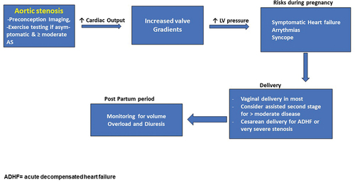 Figure 5. Schematic representation of management issues in pregnant women with aortic stenosis.