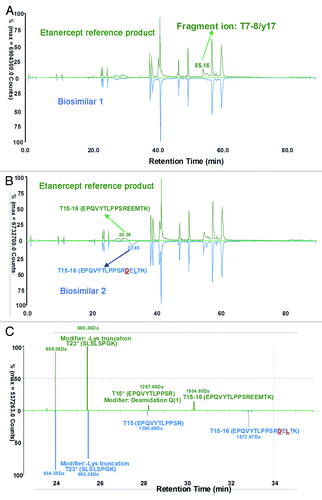 Figure 3. Mirror plots of LC-MS peptide maps from 4 h tryptic digests of the Fc of the reference product and two etanercept biosimilar products. (A) Comparison of LC-MS (TIC) chromatogram between the reference and biosimilar 1 products; (B) Comparison of LC-MS (TIC) chromatogram between the reference and biosimilar 2 products. (C) A zoom charge-reduced, isotope-deconvoluted LC-MS chromatograms from 22–36 min.