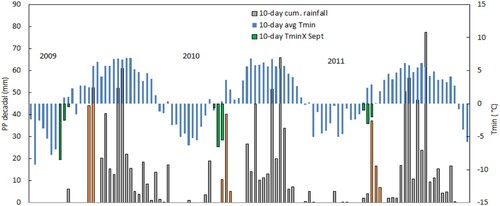 Figure 2. Relationship between frosts and subsequent rainfall in the Central Altiplano.
