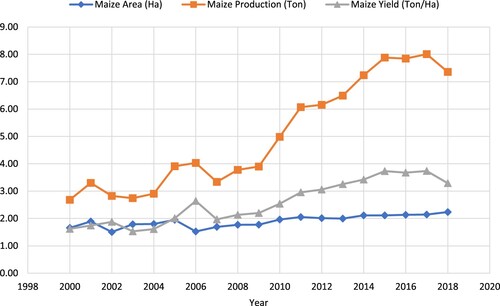 Figure 1. Maize production, productivity, and land allocations in Ethiopia (2000–2020). Source: Author’s construction based on FAOSTAT (Citation2020).