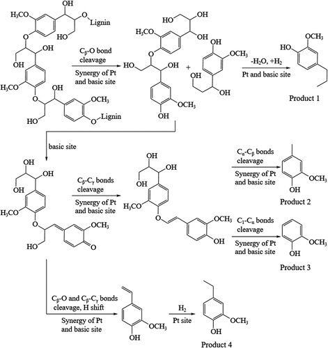 Figure 6. Reaction mechanism of Pt catalyst hydrogenolysis of organosolv lignin [Citation76].