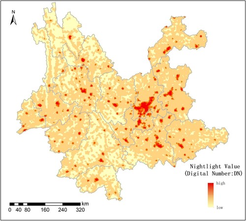 Figure 7. NTL distribution in Yunnan Province, China, in 2018.