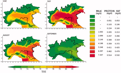 Figure 6. THI-related risk of milk, protein and fat yield loss (kg/d) in the production area of Grana Padano (marked) during the period 2021–2050 in the months of June, July, August and September. The colours from green to red indicate increasing values of THI (from 72 to 81) to which correspond different degree of production loss: null (green) and maximum (red). THI: temperature-humidity index.