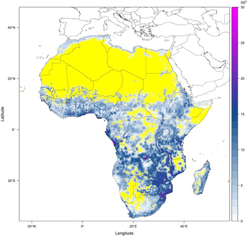 Fig. 3. Potential plant functional richness based on sampled species composition for Africa projected using the stacked species distribution models presented in Fig. 2. Species-level trait values of leaf area, seed volume and plant height were extracted from Floras and taxonomic literature (see Supplemental Data) and standardised such that the volume of occupied trait-space (functional richness measured using a convex hull method) had the units of trait value standard deviations raised to the power of three (because three traits were considered). This figure presents an example of the output of the fifth step of the proposed methodology. The yellow regions on this map are areas where the random sample of species has insufficient species to calculate functional richness.