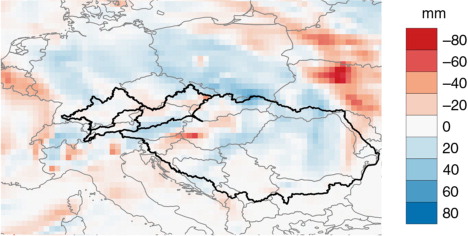 Fig. 13 Difference of accumulated precipitation prior to the event (23.05.2013–29.05.2013) between NAOFF and the control simulation.