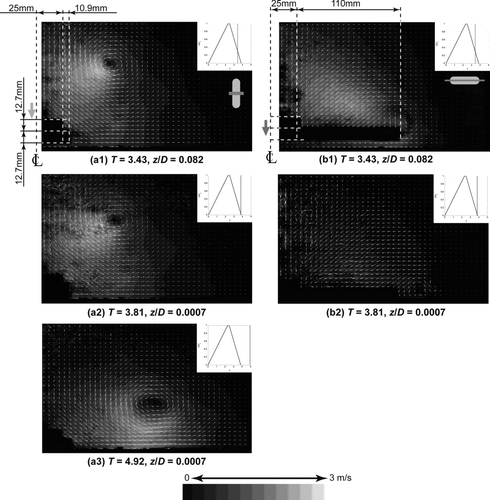 FIG. 6 PIV velocity field measurements in downstroke stomping motion of an elongated plate. (a) Lateral cross section and (b) longitudinal cross section.