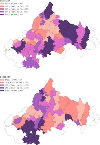 Fig. 5 Maps showing prevalence of obesity by ZCTA for adults (top) and children (bottom).