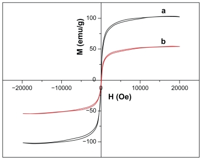 Figure 4 Magnetization hysteresis for (a) Fe3O4 and (b) Fe3O4/Au nanoparticles recorded at room temperature.