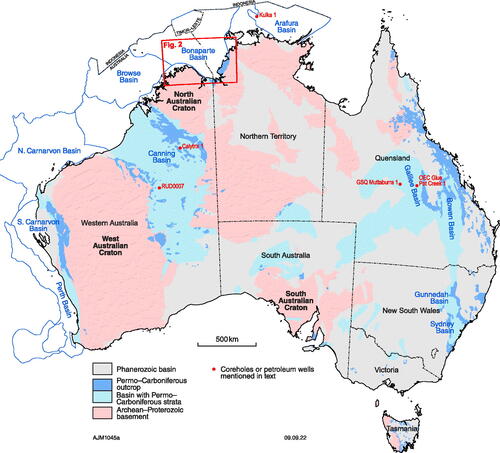 Figure 1. Australian basins and localities external to the Bonaparte Basin mentioned in the text. Onshore geology after Craddock et al. (Citation2019, Figure 6a).