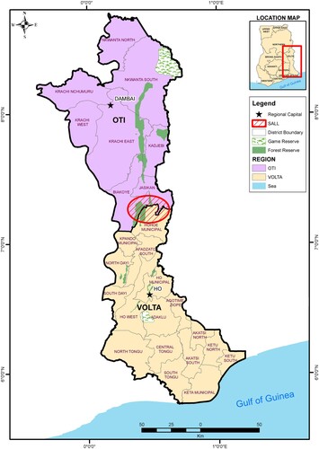 Figure 2. Map showing the division of the Volta Region to create the Oti Region. Red shaded area shows the Hohoe municipality that was divided along the Ewe and Guan communities into different regions.Source: Author solicited Map from CERSGIS, University of Ghana