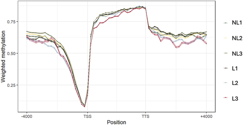 Figure 2. Genomic regions were split into 60 windows for each gene annotated in the cow genome to compare the methylation in different genic coordinates. The methylation profiles of the marks detected in each sample were −4,000 bp from the TSS and +4,000 bp from the TTS. The lines and dots represent the mean methylation, and the width of the bands represents the maximum and minimum values of the confidence intervals.