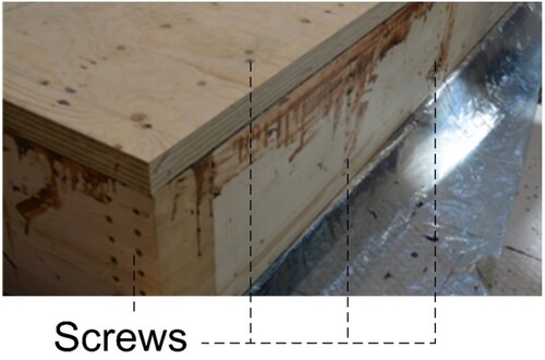 Figure 2. Connection of the glulam frame with self-tapping screws and flanges with glue and screws, photo by (Bjørge and Kristoffersen Citation2017).