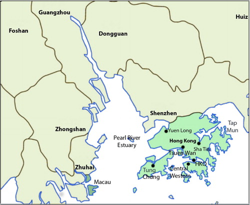 Fig. 1 Map of Hong Kong and the Pearl River Delta region of South China (HKO: Hong Kong Observatory), based on Croquant, 2007 (http://commons.wikimedia.org./wiki/File:Pearl_River_Delta_Area.png).