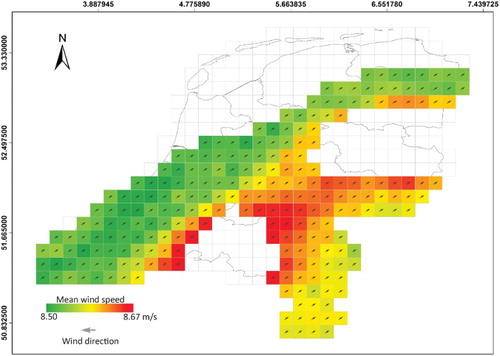 Figure 12. The geographical distribution of mean wind speed and wind direction for pattern 1 at a 128 m height from the surface.