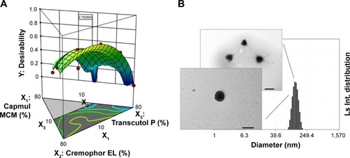 Figure 4 (A) Desirability plot using numerical optimization. (B) Transmission electron microscopy images and an electrophoretic laser scattering measurement of optimized ticagrelor-loaded self-microemulsifying drug delivery system in corresponding distilled water. Scale bar 200 nm.