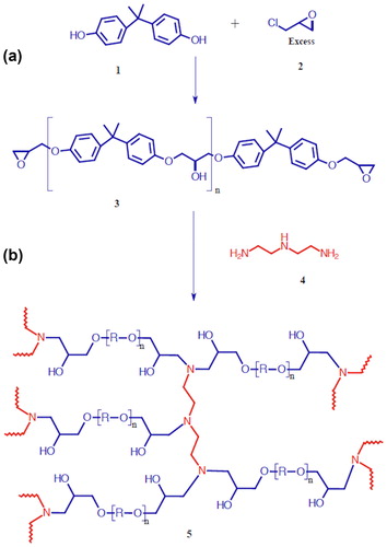 Scheme 1. Formation of a crosslinked epoxy network. (a) Synthesis of DGEBA from bisphenol-A and epichlorohydrin. (b) Polymerization using an amine as a crosslinker.