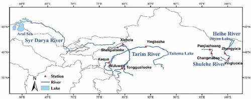 Figure 1. Map of the study areas showing the Syr Darya River in Central Asia, and the Tarim, Heihe and Shulehe river basins in Northwest China. The general river systems, terminal lakes and discharge stations of the four basins are indicated