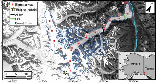 Figure 1. (a) Donjek Glacier (dark blue outline; RGI Consortium Citation2017). The thick black line indicates the separation between the down-glacier surge-type and up-glacier non-surge-type portions of the glacier at 21 km from the terminus, and the thick green line indicates the dynamic balance line (DBL) at 8 km. (b) Location of Donjek Glacier in southwestern Yukon; red box indicates extent of the main image. Base image from Landsat 8, 23 September 2017