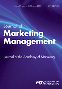 Cover image for Journal of Marketing Management, Volume 39, Issue 15-16, 2023