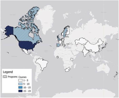 Figure 2. Countries with ecosystem services-related programs and courses. Countries with at least one program have a striped pattern. Colors indicate the number of courses in each country, with darker colors signifying more courses.