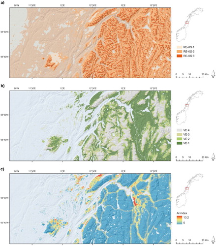 Fig. 5. Examples of complex landscape gradients: a) the geoecological complex landscape gradient ‘relief in coastal plains’ (RE-KS), which expresses terrain form variation within the coastal plains major landscape type, from flat terrain to steep and rugged terrain; b) the bioecological complex landscape gradient ‘vegetation cover’ (VE), which expresses variation from forested or potentially forested areas below the climatic forest line (VE·1) to barren mountains, without or with sparse vegetation cover (VE·4); and c) the land use related complex landscape gradient ‘land use intensity’, expressed by a continuous index (range: 0–13.2) that integrates the abundances of buildings, roads and other visible signs of human infrastructure