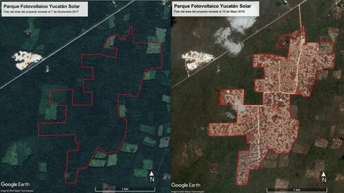 Figure 1. Satellite view of the before and after of the intervention of the Jinko Solar company for the implementation of the ‘Yucatán Solar’ photovoltaic project. Source. Images taken from Google Earth and edited by the author.