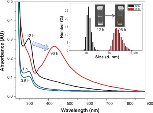 Figure 5 UV spectra of the reaction of AgNO3 in PVA aqueous solution as function of stirring time periods under dark at room temperature.Notes: The inset presents the size distribution histograms by DLS and images of the PVA-Ag solution in cuvettes at 12 hours and 96 hours, respectively. The arrows indicates the absorbance peak shift from 12 hours to 96 hours.Abbreviations: d, diameter; AU, arbitrary units; h, hours; UV, ultraviolet; PVA, poly(vinyl alcohol); DLS, dynamic light scattering; PVA-Ag, AgNPs-containing nanofiber mats.