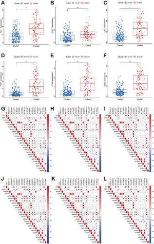 Figure 4 Pyroptosis-related lncRNAs were correlated with the expression of immune checkpoints. (A–C) The expression of immune checkpoints (A) IDO1, (B) PD-L1, (C) LAG3, (D) TIGIT, (E) CD96, (F) CD27 was significantly higher in cluster 2. (G–L) Co-expression analysis of immune checkpoints and 24 prognostic pyroptosis-related lncRNAs.