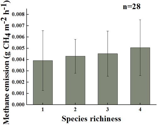 Figure 5. CH4 flux with different plant species richness levels in modified Hoagland nutrient solution constructed wetlands.