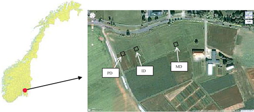 Figure 1. Location of the study site and aerial view of the poorly drained (PD), imperfectly drained (ID) and moderately well drained (MD) plots (Google map, 2010).