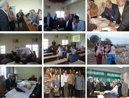 Figure 3. The top six shots illustrate some meetings with the landowners, left bottom shot illustrates a meeting with the Mayor of Benha’s city, middle bottom shot illustrates a meeting with landowners’ representative during signing up a preliminary agreement, right bottom shot illustrates the approval of the project by the governor of the Qaloubia governorate.