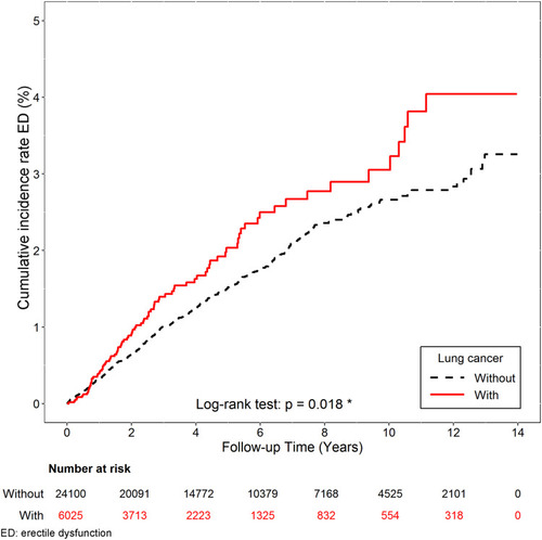 Figure 2 The cumulative incidence rate of erectile dysfunction (ED) in the lung cancer (solid line) and non-lung cancer (dashed line) cohorts by the end of the follow‐up duration. “*” denotes p < 0.05.