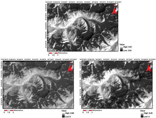 Figure 4. Surface Radiance Images: (A) ETM+ (B) ASTER B15 (C) TM.