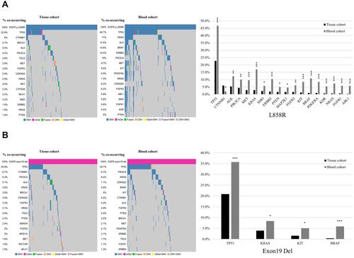 Figure 5 Comprehensive analysis of co-occurring genes in EGFR-L858R positive (A) and EGFR-exon19del positive (B) cohort. *p < 0.05; **p < 0.01; ***p < 0.001.