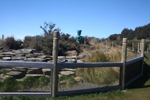 Figure 1. Otago skink enclosure, showing the fence, schist rock piles, and some vegetation. Photograph taken on 12 October 2014 by Alison Cree.